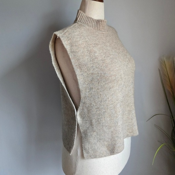 LOFT Beige Mock Neck Wool Ribbed Sleeveless Sweater Vest One Size Large Preppy - Picture 5 of 11